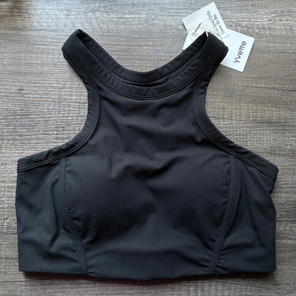 Yvette Black Ribbed High Neck Sports Bra Padded Racerback Crop Top Size L